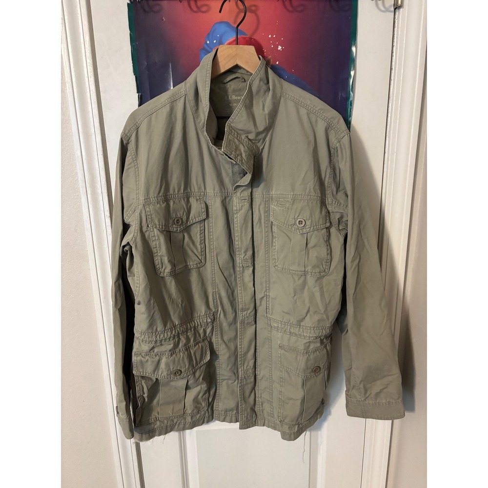 LL Bean Mens Khaki Green Cotton Field Jacket Utility Cargo Coat Size M Regular